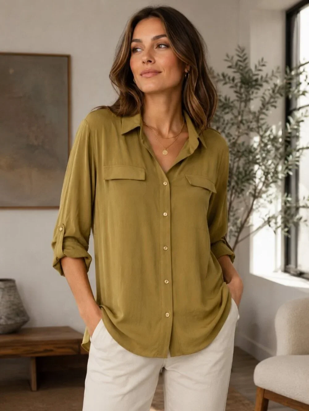 Grace Olive Button Down Collared Long Sleeve Top NWT - Picture 2 of 6